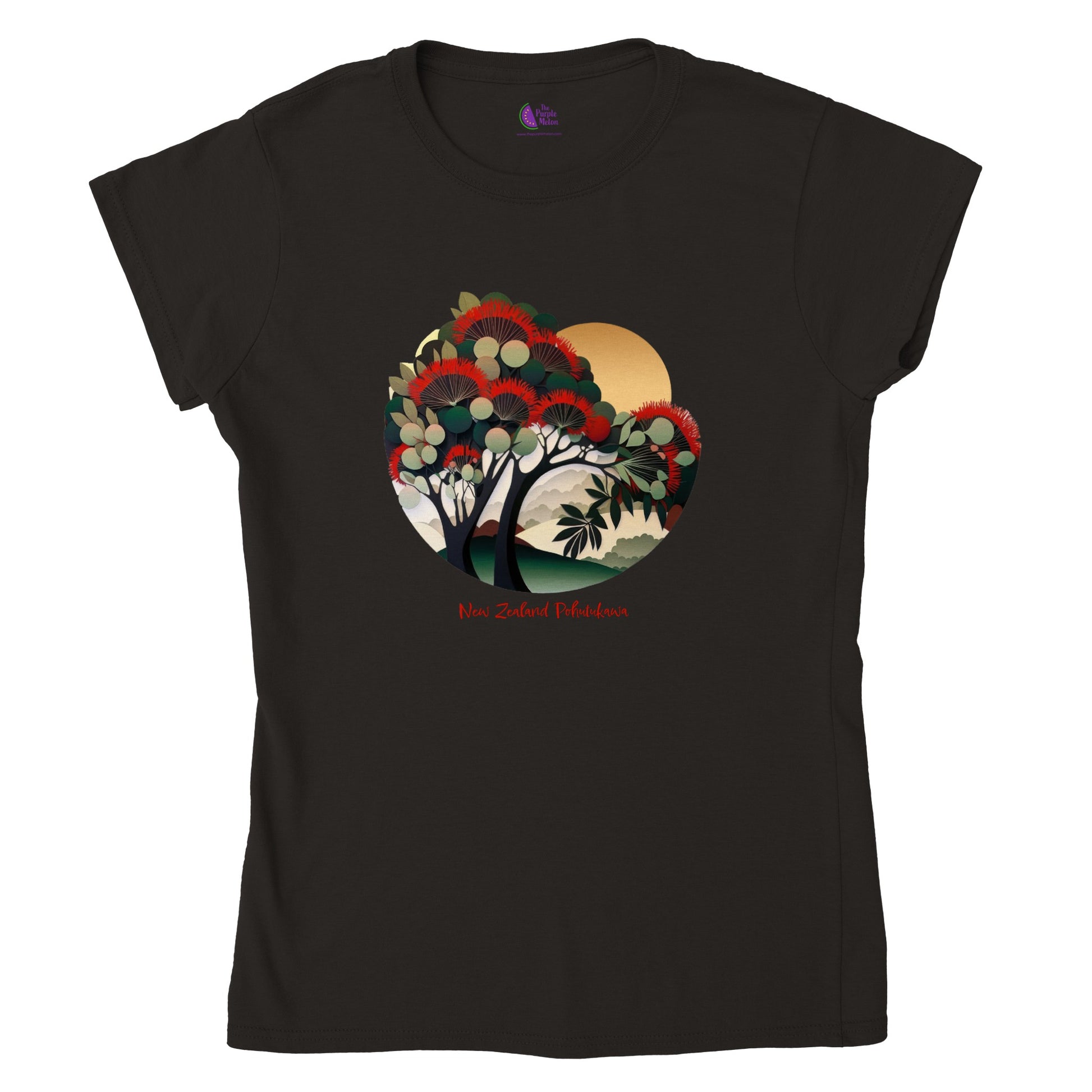 Black t-shirt with a new zealand pohutukawa tree print