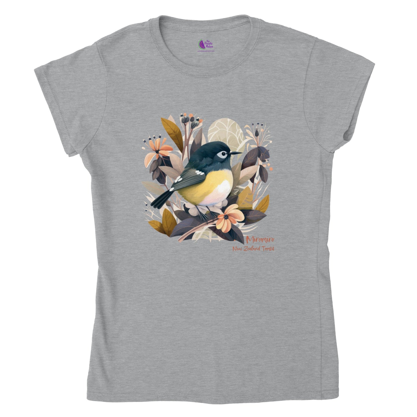 grey t-shirt with a New Zealand Miromiro tomtit bird print