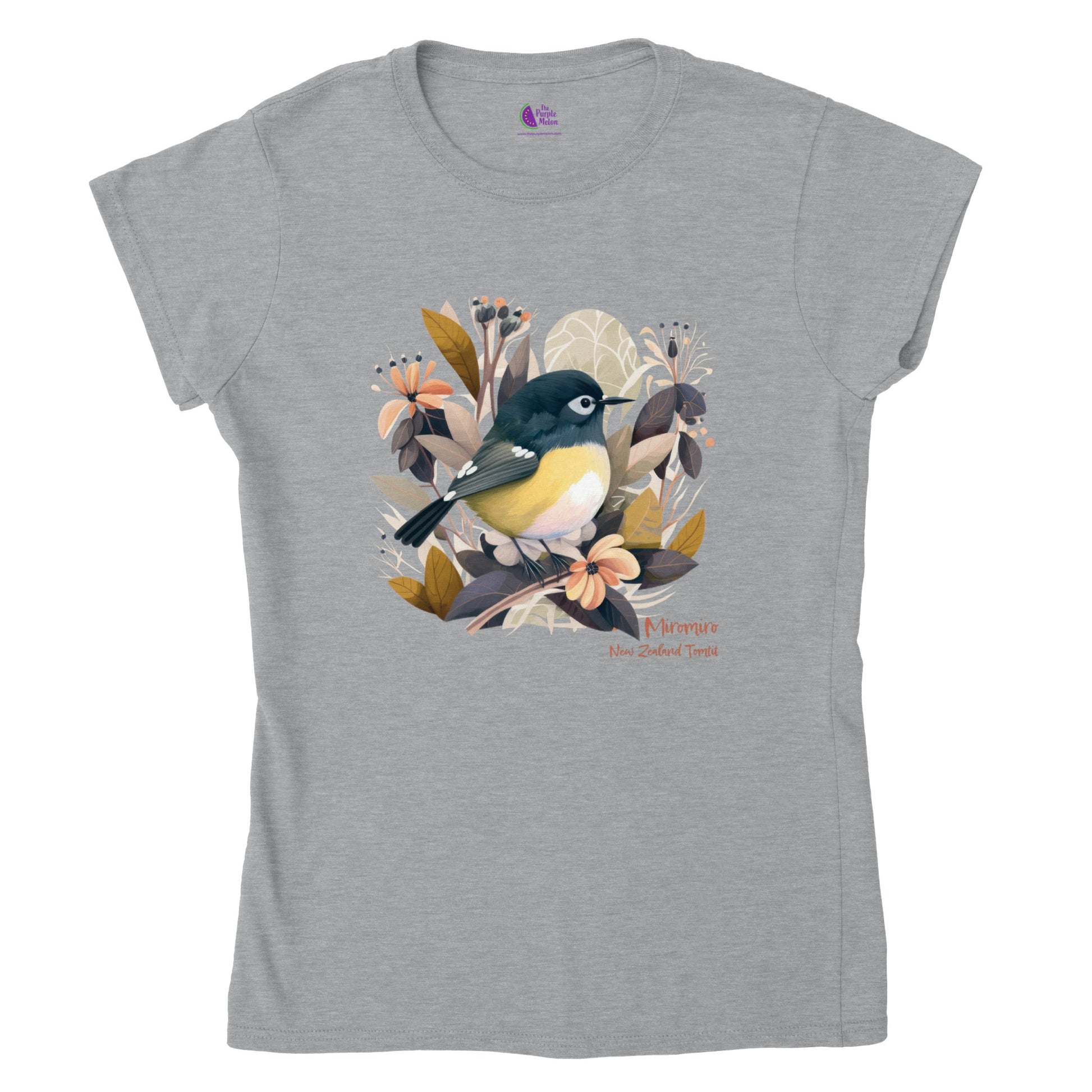 grey t-shirt with a New Zealand Miromiro tomtit bird print