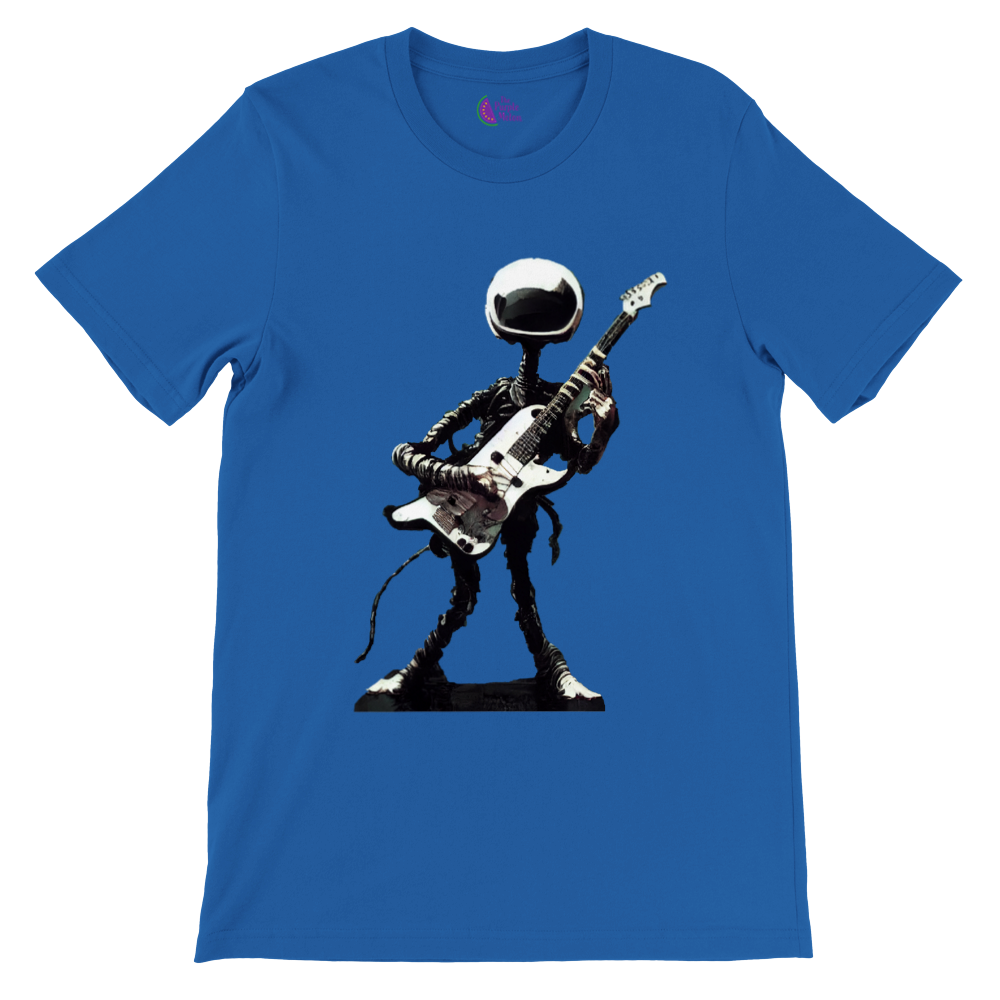 Blue t-shirt with an alien playing electric guitar illustration