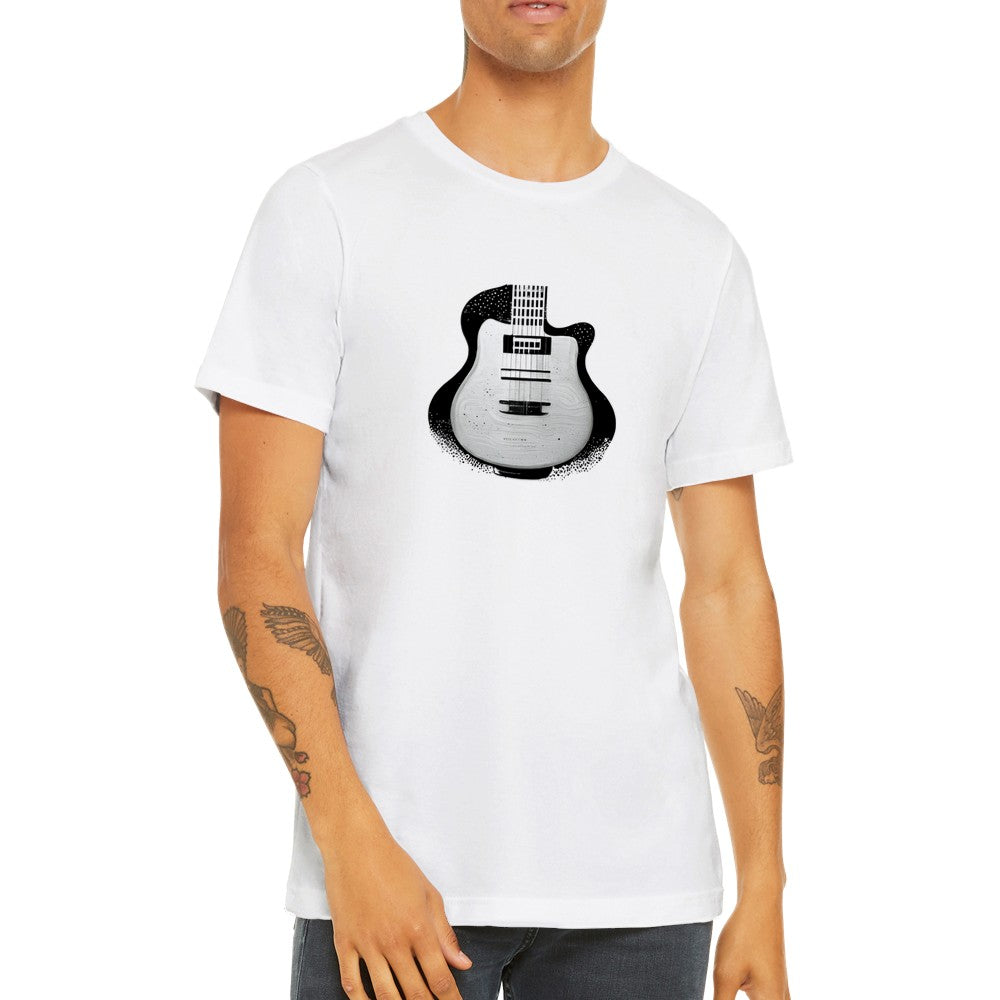 Guy wearing a white t-shirt with Black and White Pop-Art Guitar Print
