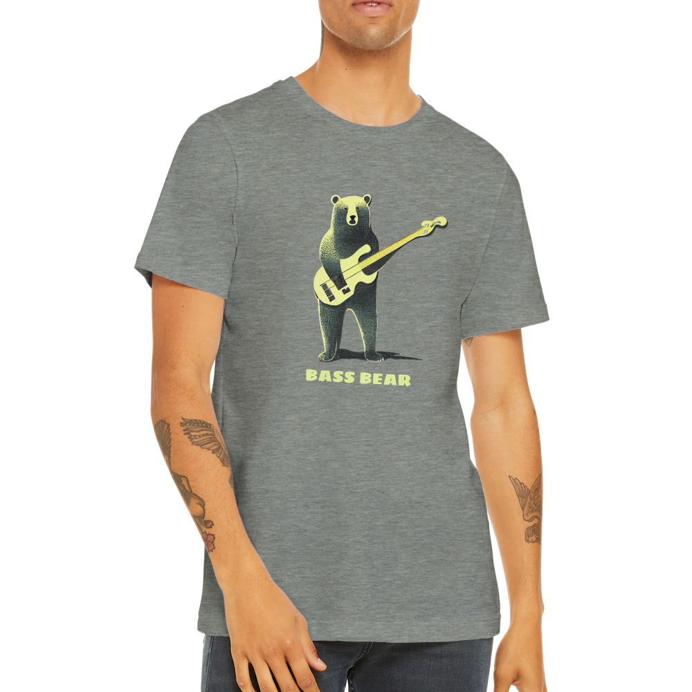 Man wearing a grey t-shirt with a bear playing the bass guitar print