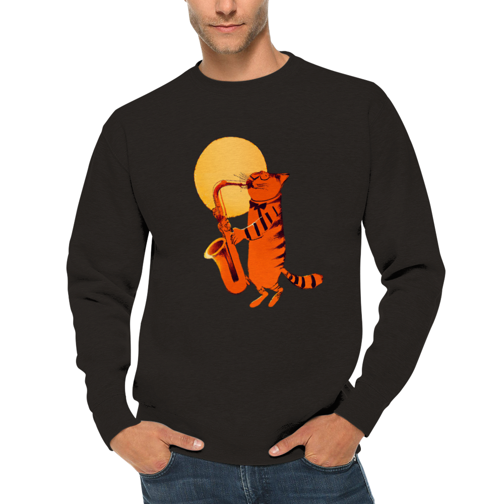 Cat Playing the Saxophone Under the Full Moon Premium Unisex Crewneck Sweatshirt.
