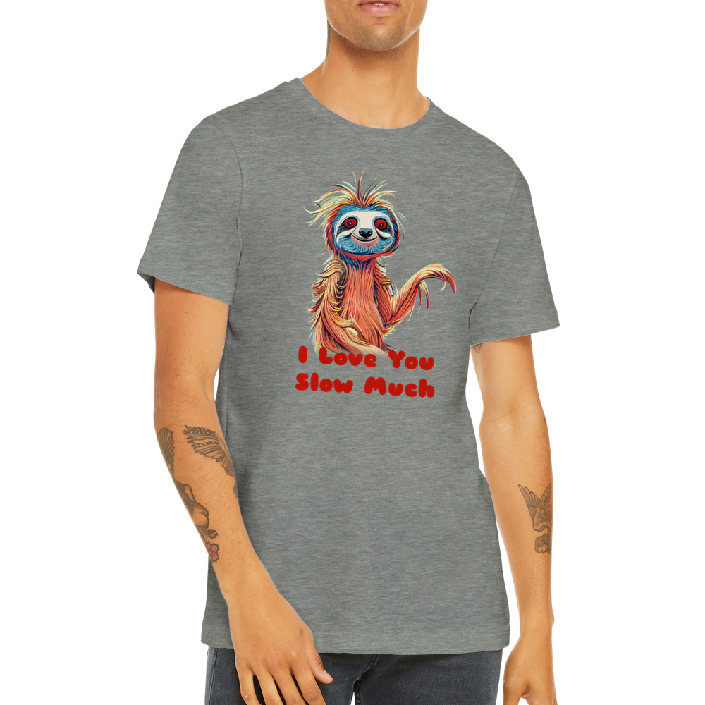 guy wearing a grey t-shirt with a sloth and the caption I love you slow much