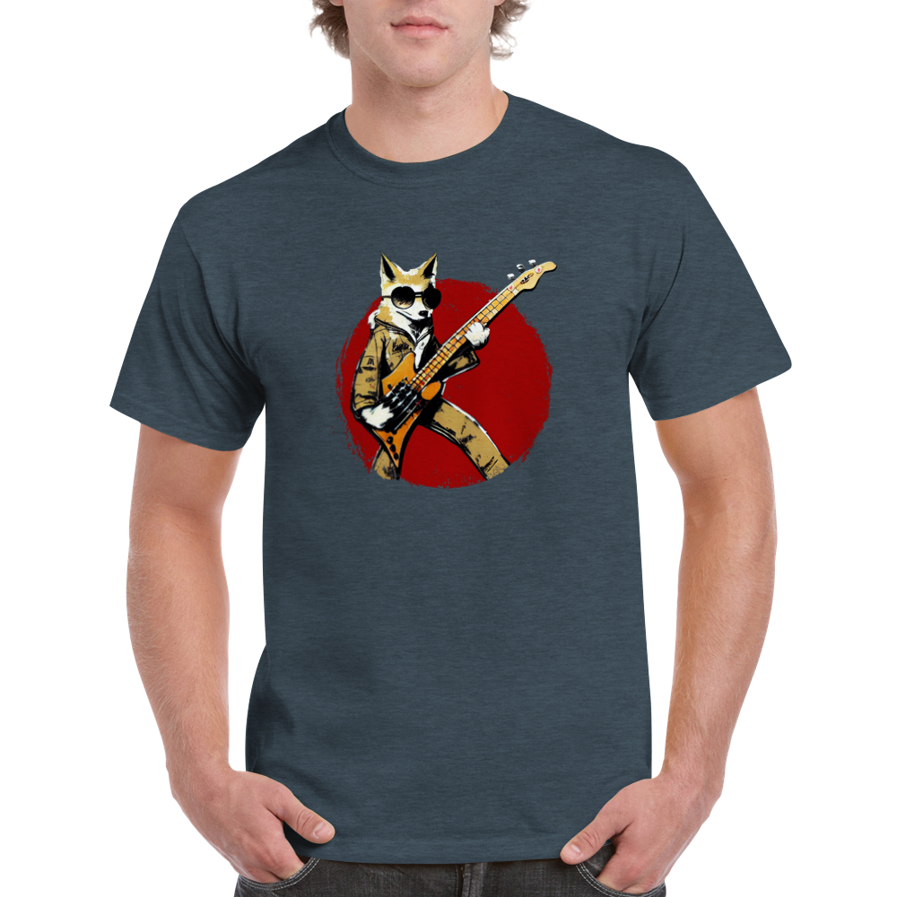 Cool fox playing bass guitar print on grey t-shirt