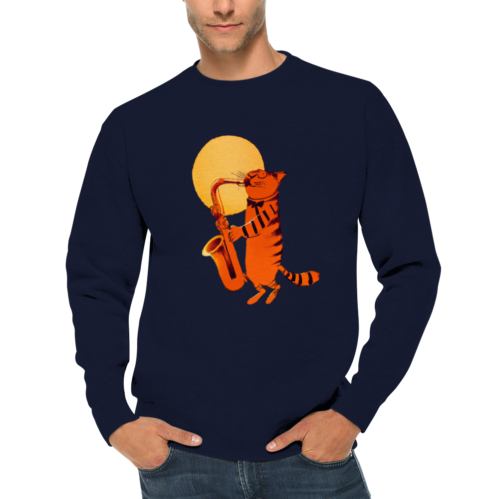 Cat Playing the Saxophone Under the Full Moon Premium Unisex Crewneck Sweatshirt.