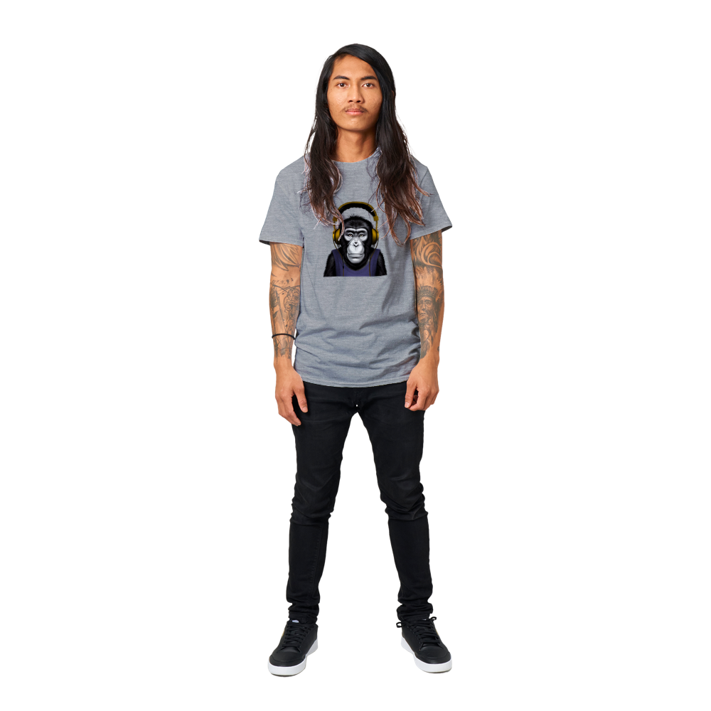 A guy wearing a grey t-shirt with a chimp wearing headphones listening to music print