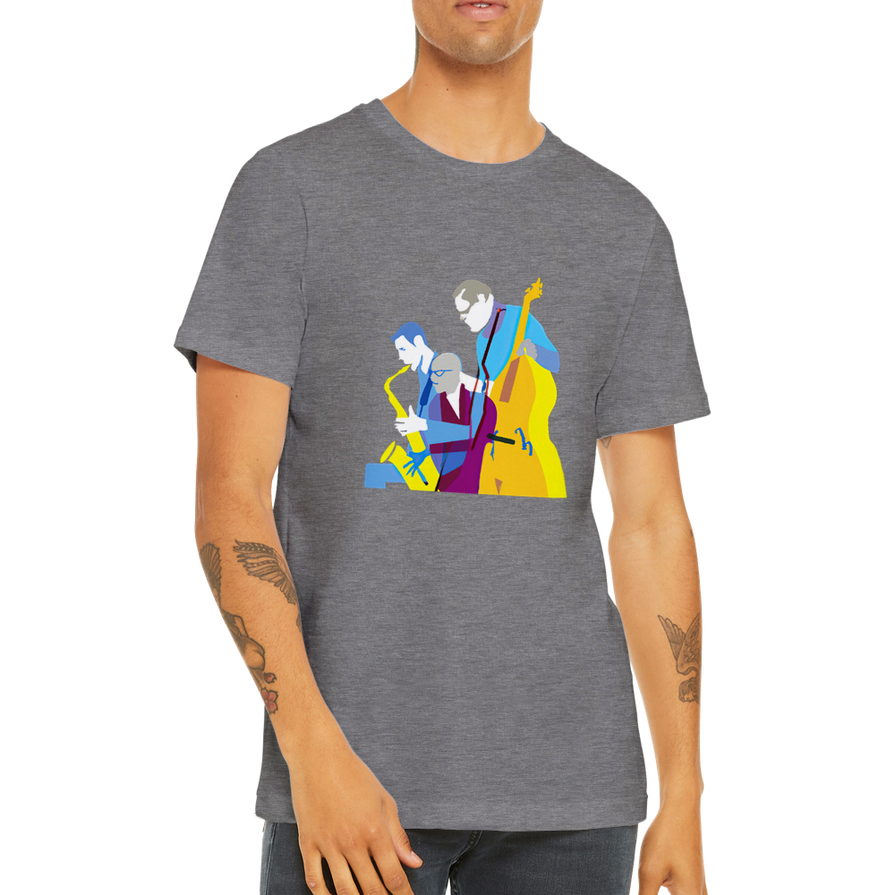 a guy wearing a grey t-shirt with a jazz trio print