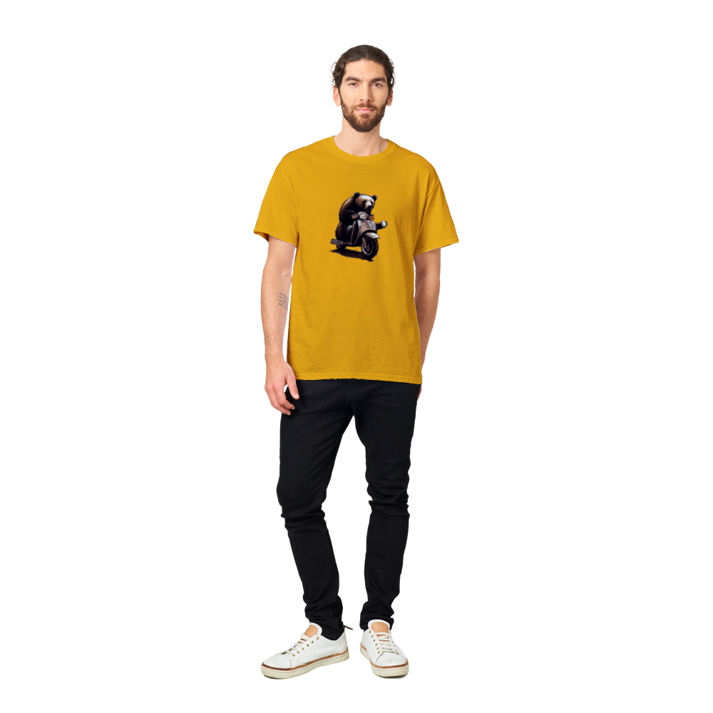 man wearing a gold t-shirt with a bear riding a motor scooter
