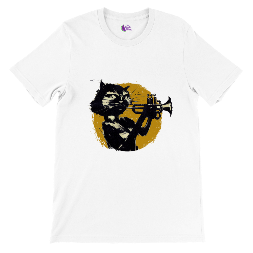 White t-shirt with a cat playing the trumpet print