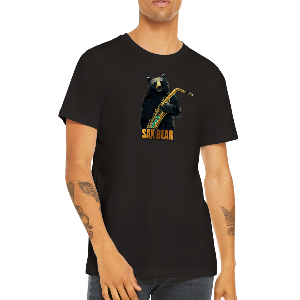Guy wearing a black t-shirt with a print of a bear holding a saxophone with the caption Sax Bear