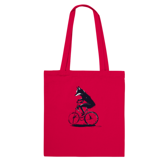 Fox riding a bike tote bag quirky animal design