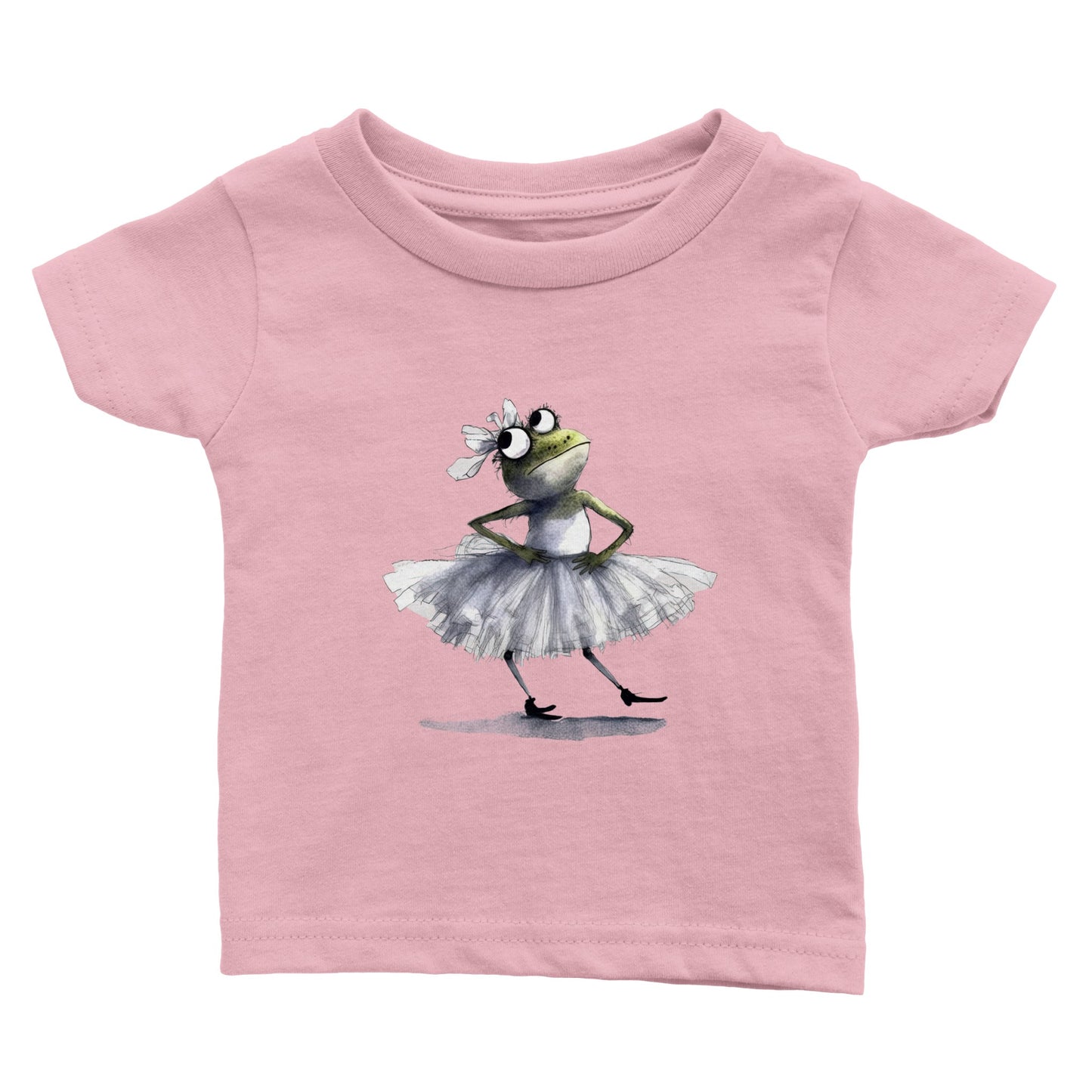 Baby pink t-shirt with a ballerina fron in a tutu print