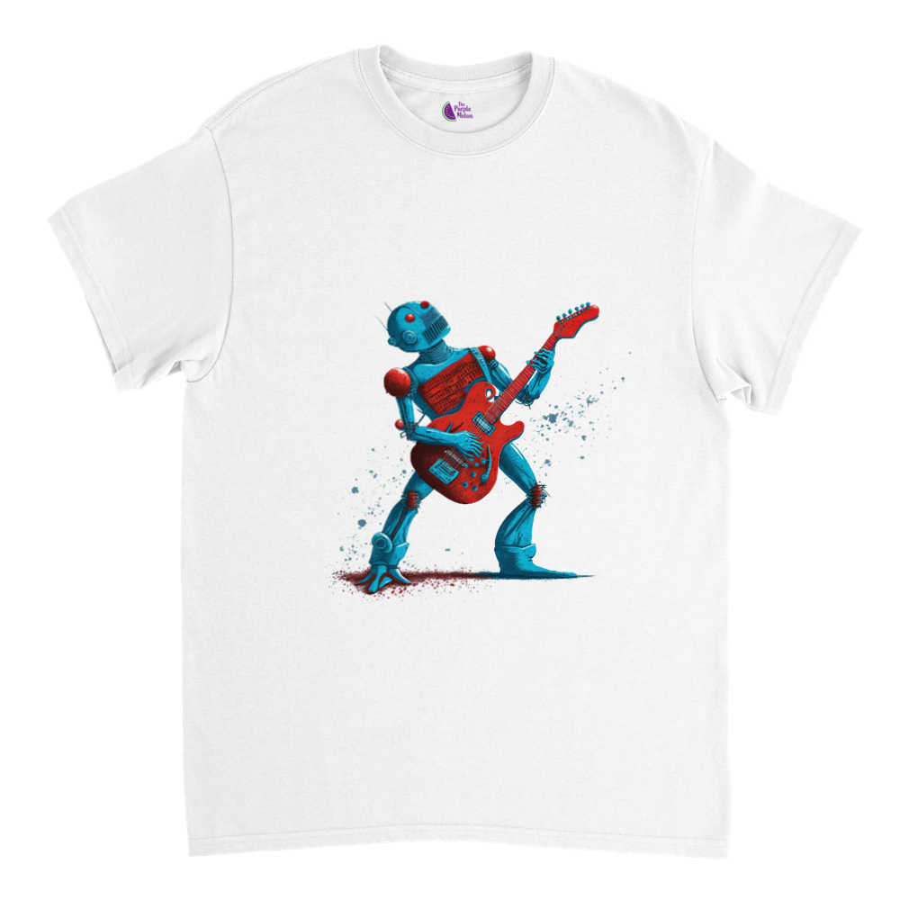 Gold t-shirt with a robot playing a red guitar
