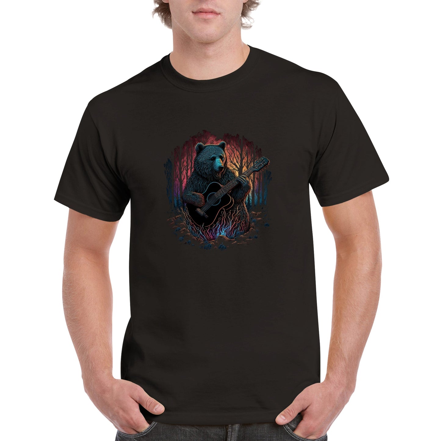 Bear playing acoustic guitar in the woods Heavyweight Unisex Crewneck T-shirt