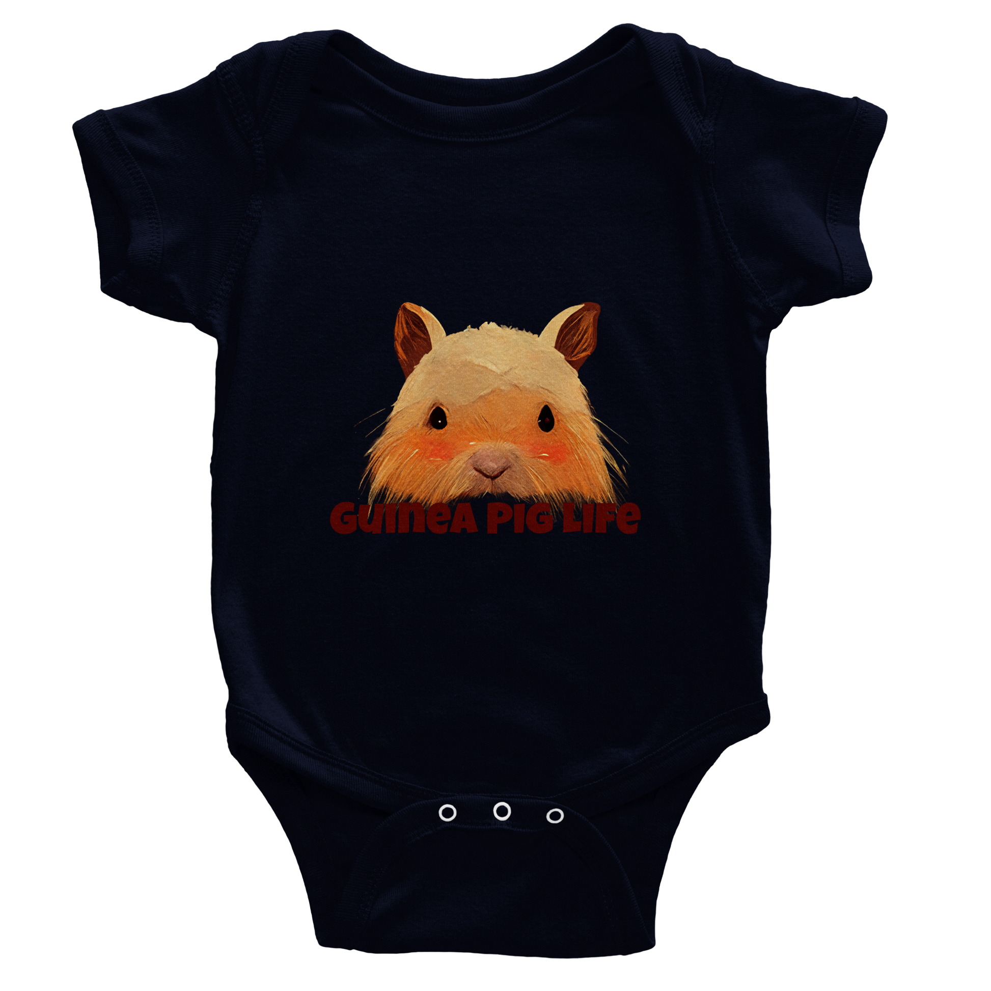 Navy short sleeve baby onesie with cute Guinea Pig life print