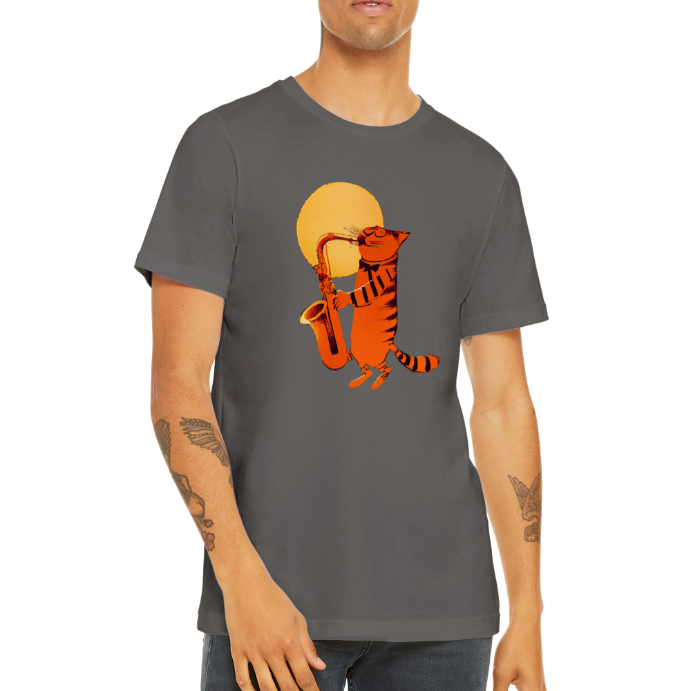 Cat Playing the Saxophone Under the Full Moon Premium Unisex Crewneck T-shirt.