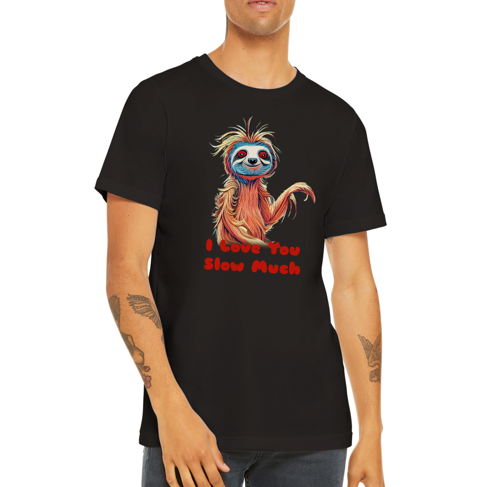 guy wearing a black t-shirt with a sloth and the caption I love you slow much