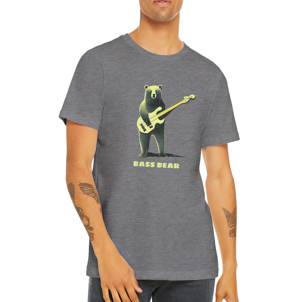 Man wearing a grey t-shirt with a bear playing the bass guitar print