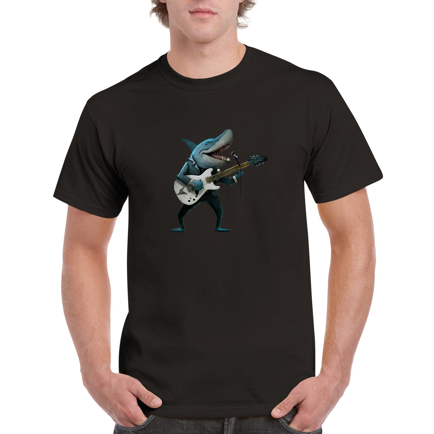 Guy wearing a black t-shirt with a shark playing guitar print