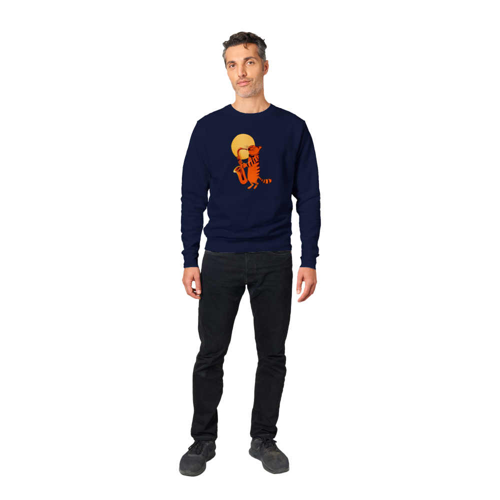 Cat Playing the Saxophone Under the Full Moon Premium Unisex Crewneck Sweatshirt.