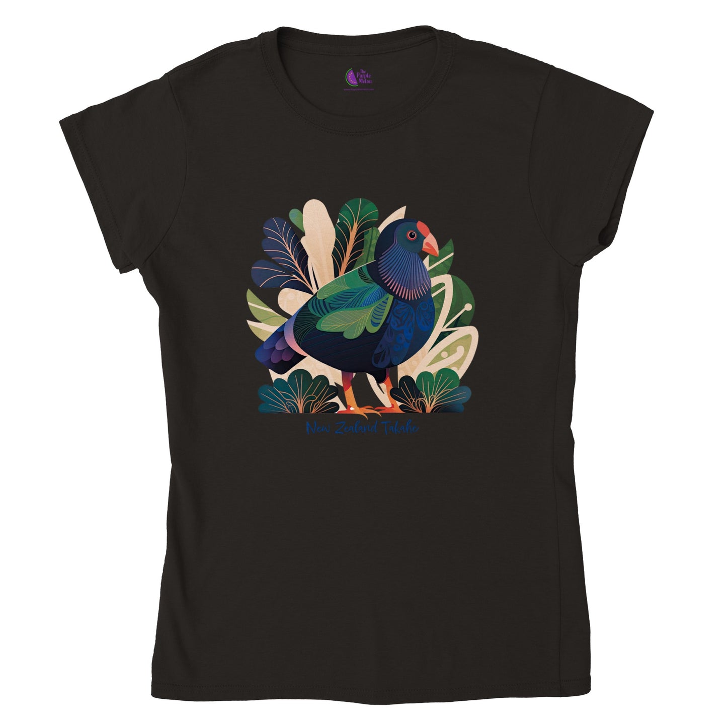Black t-shirt with a new zealand takahe print
