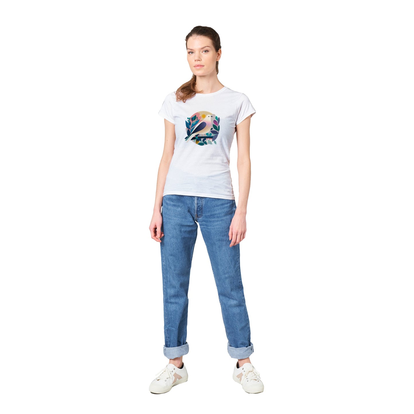 Woman wearing a white t-shirt with colourful dove print on the front