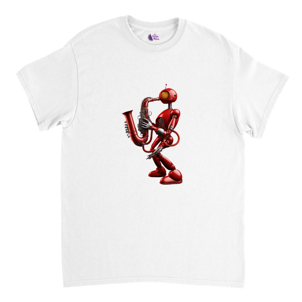 White t-shirt with a red robot playing a saxophone