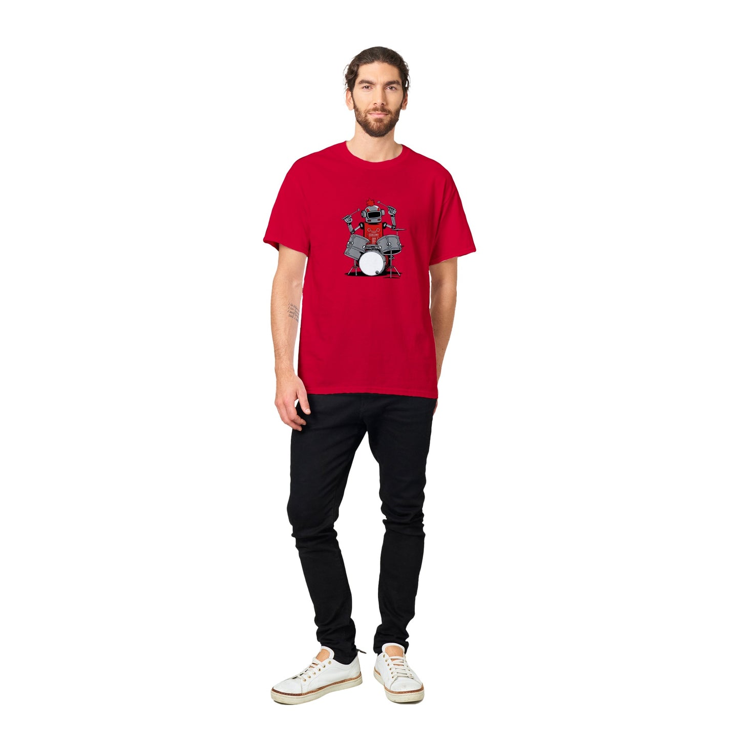 Guy wearing a red t-shirt with a robot playing the drums graphic