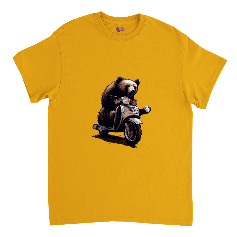 Gold t-shirt with a bear riding a motor scooter