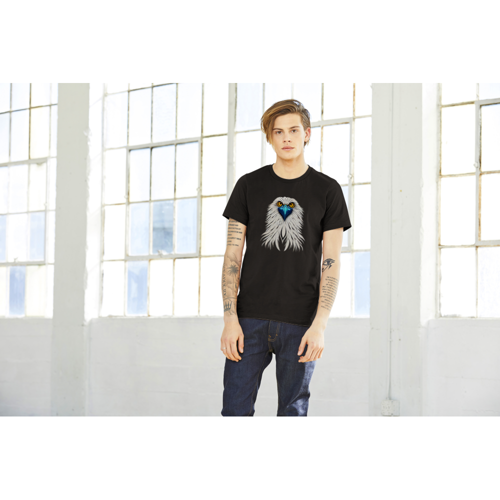 a guy wearing a black t-shirt with an eagle print