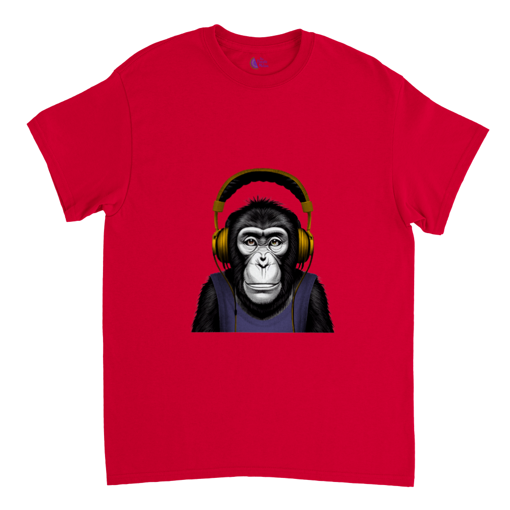 red t-shirt with a chimp wearing headphones listening to music print
