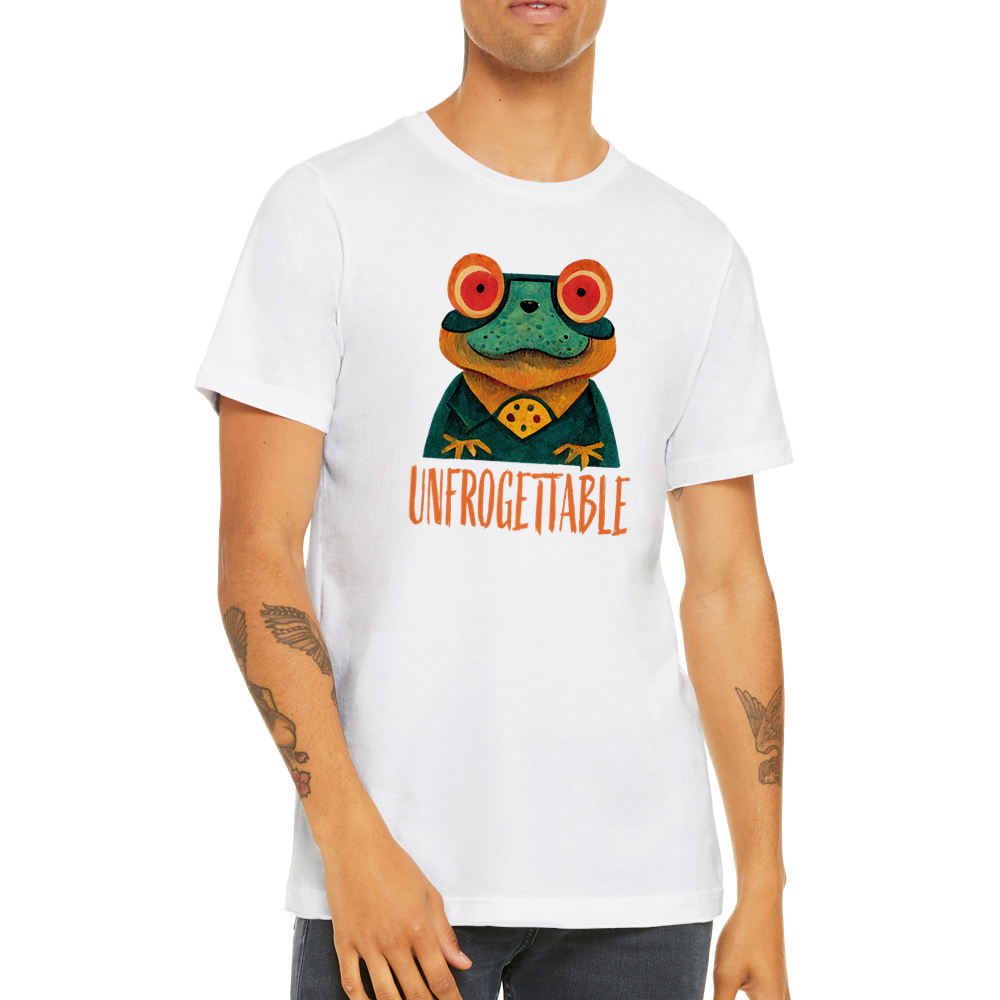 guy wearing a white t-shirt with a cute frog print with the caption Unfrogettable