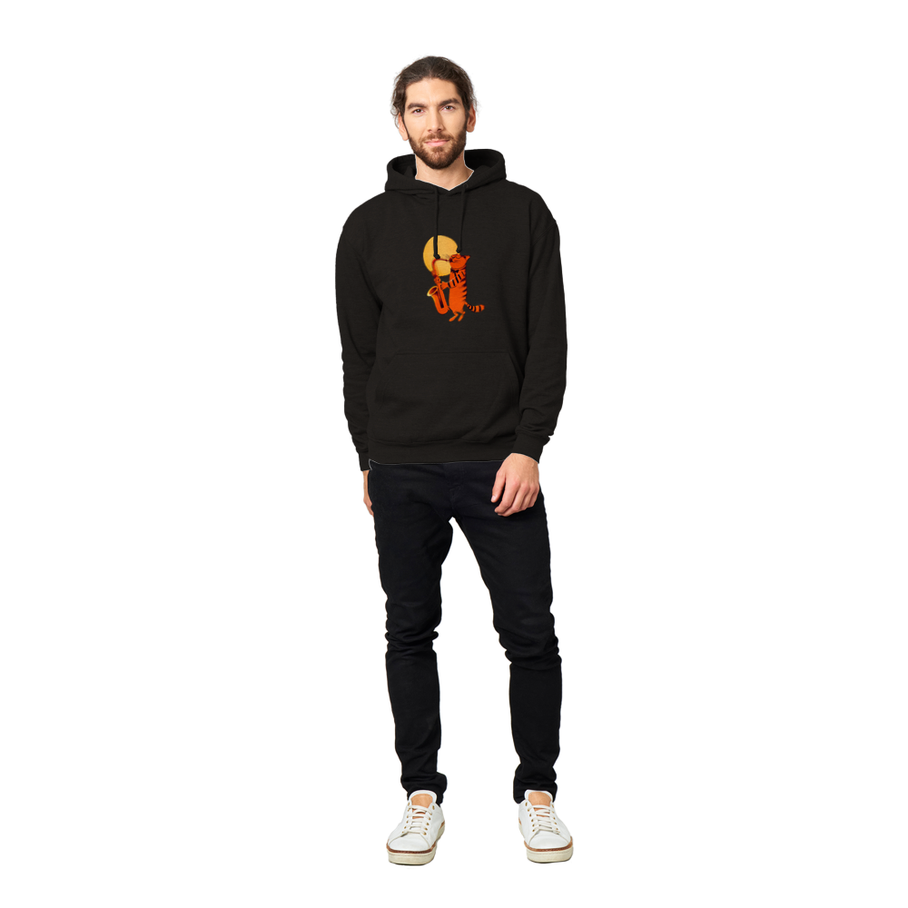 Cat Playing the Saxophone Under the Full Moon Premium Unisex Pullover Hoodie.