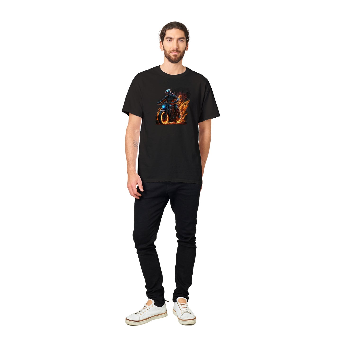 Space Robot on fire riding motorcycle Heavyweight Unisex Crewneck T-shirt