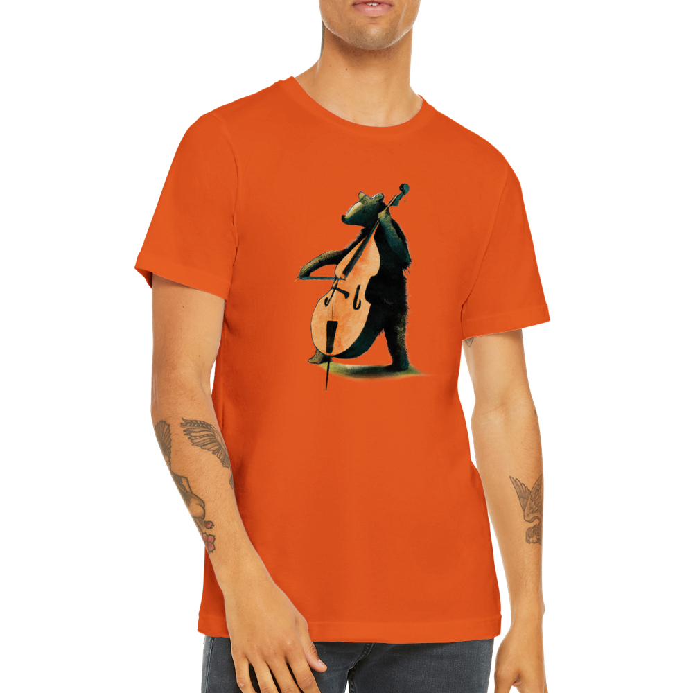 Man wearing an orange t-shirt with a bear playing the double bass print