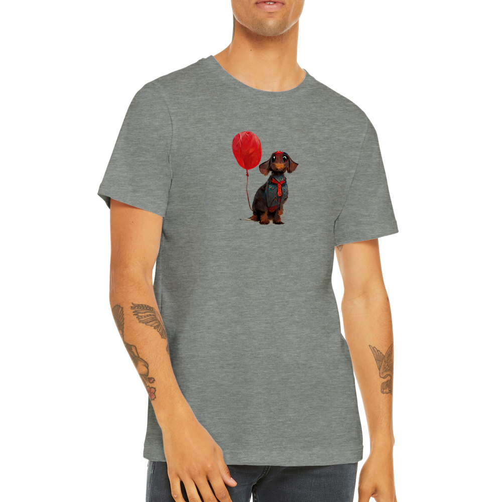 man wearing a grey t-shirt with a dachshund dog with red balloon print