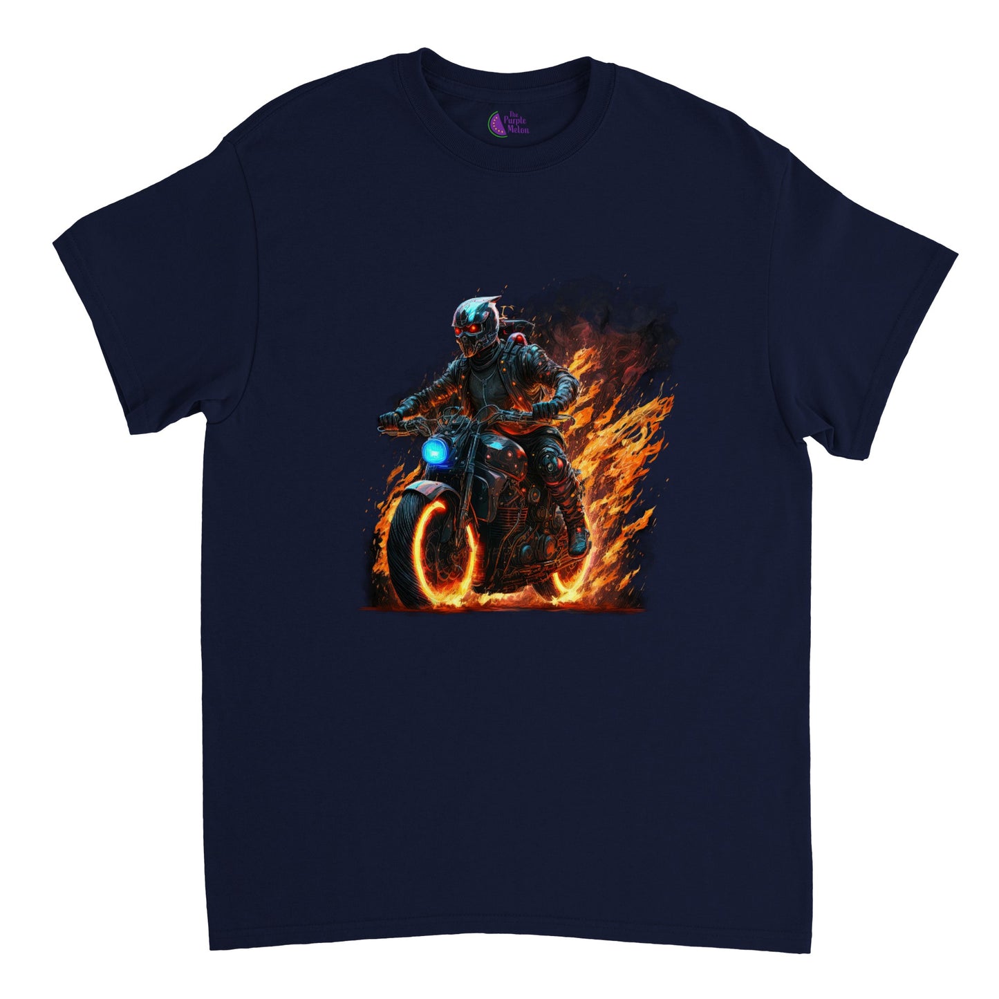 Space Robot on fire riding motorcycle Heavyweight Unisex Crewneck T-shirt