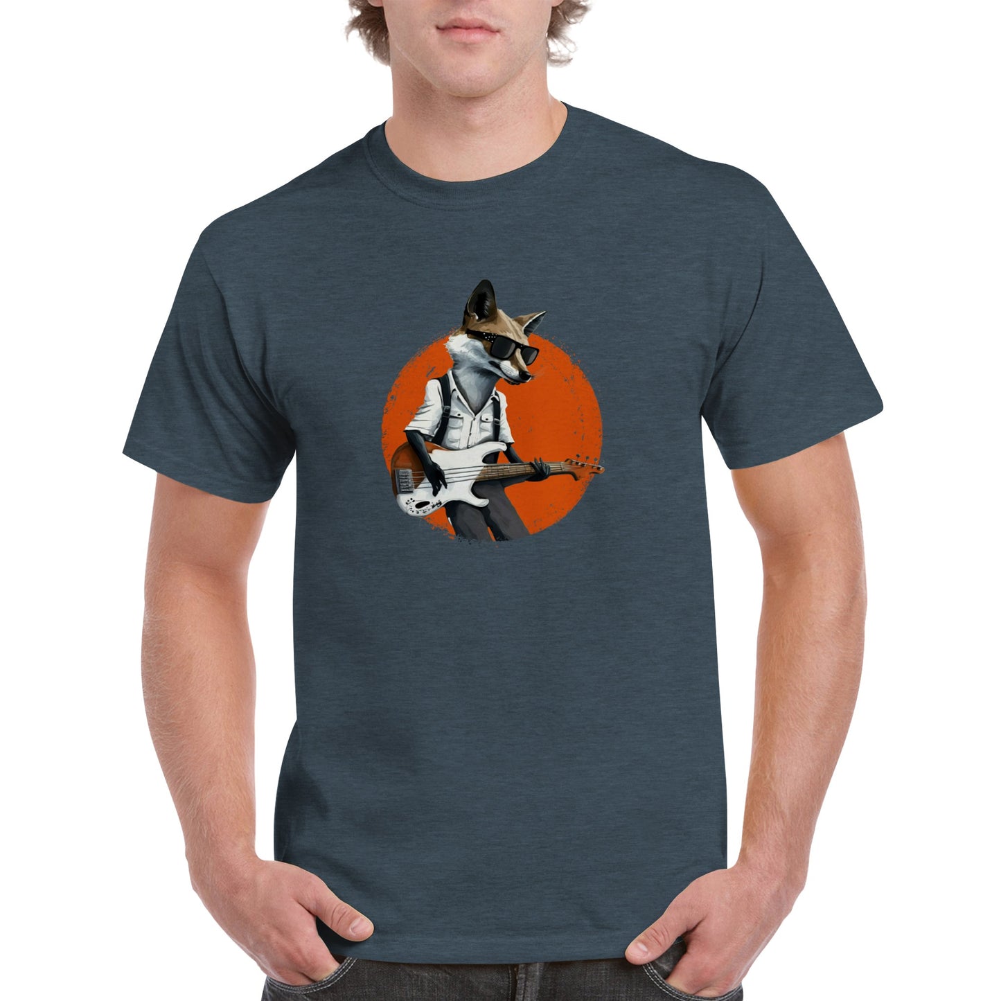 Guy wearing a grey t-shirt with a print of a fox in sunglasses playing the bass guitar