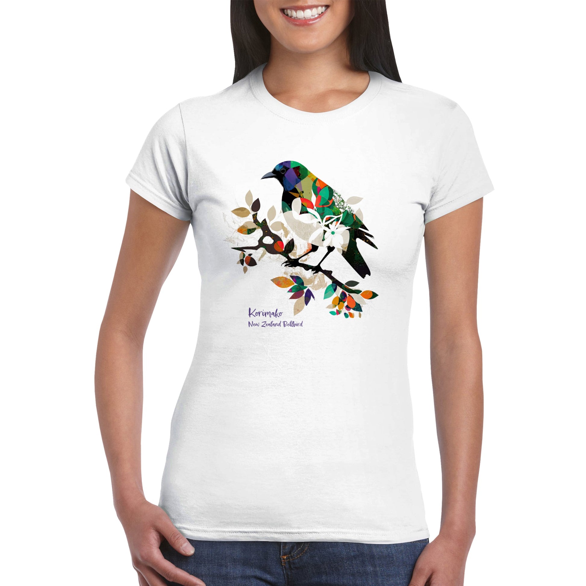 woman  wearing a white t-shirt with a modern New Zealand Bellbird print