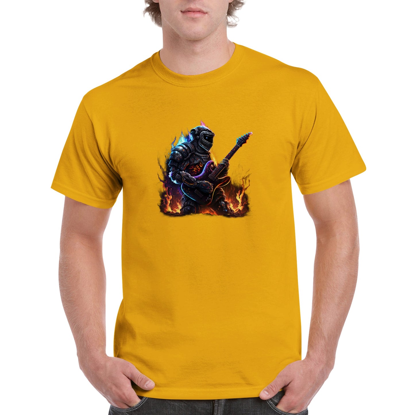 Guy wearing gold t-shirt with Space Robot on fire playing the guitar