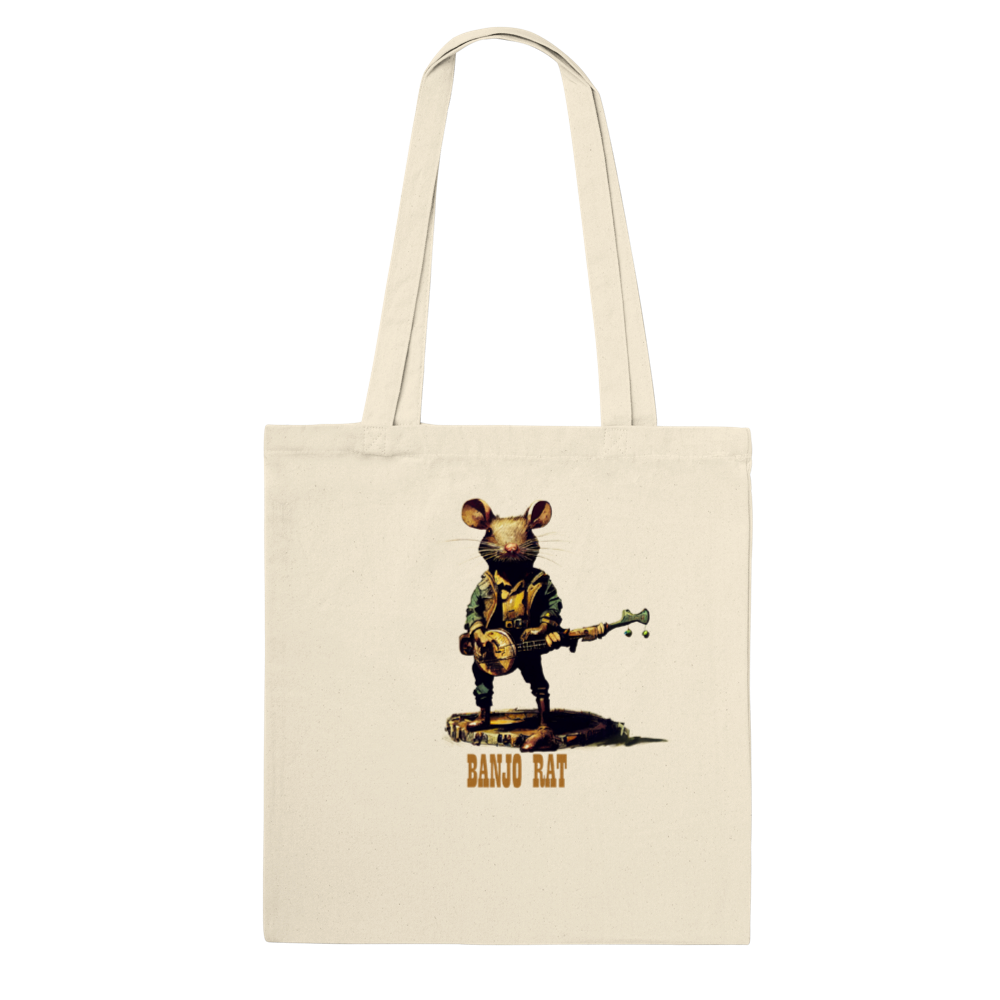 Tote bag with banjo-playing rat design