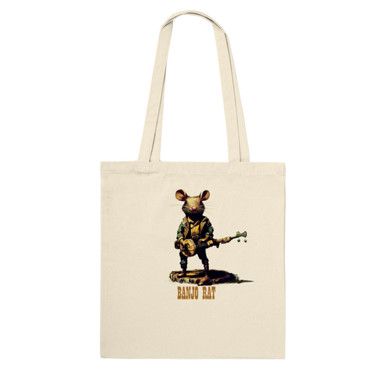 Tote bag with banjo-playing rat design