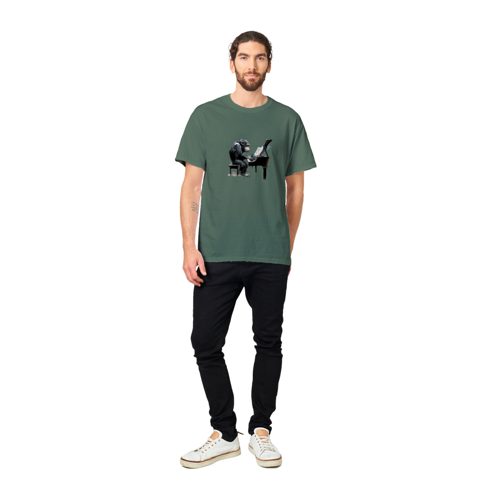 Guy wearing a green t-shirt with a chimp playing the piano print