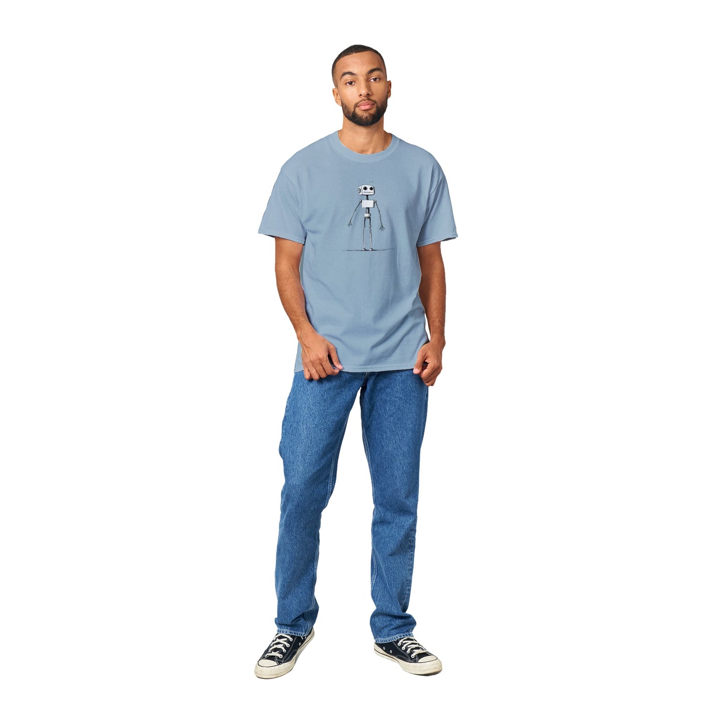 guy wearing a light blue t-shirt with smiling robot illustration