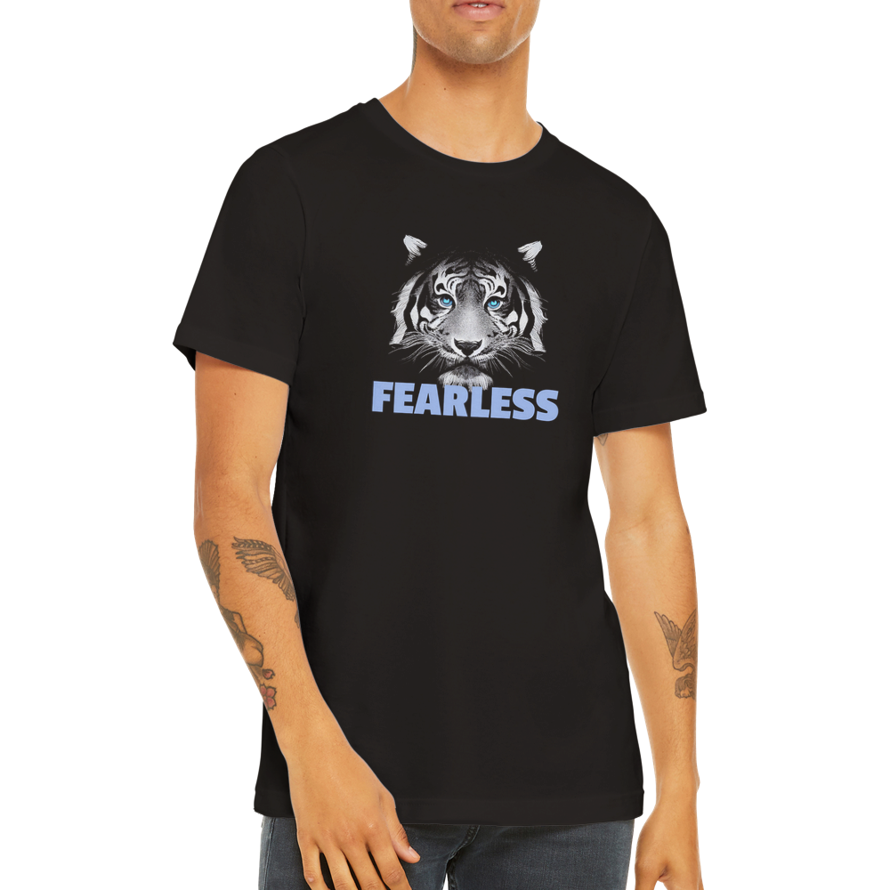guy wearing a black t-shirt with a tiger print and fearless caption