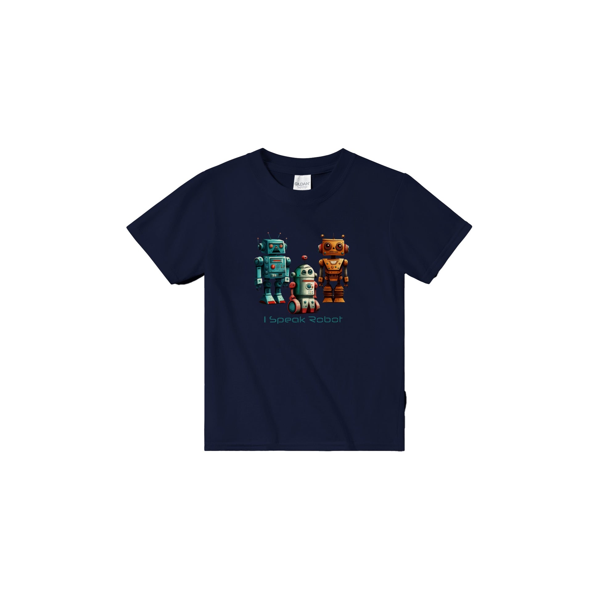 Navy Blue t-shirt with 3 robots and the caption I speak robot