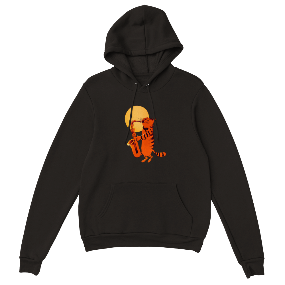 Cat Playing the Saxophone Under the Full Moon Premium Unisex Pullover Hoodie.