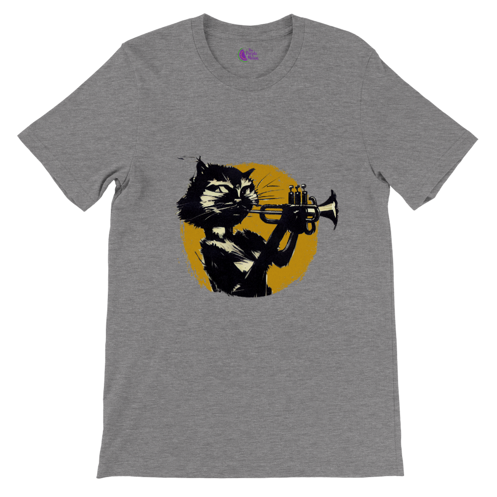 Grey t-shirt with a cat playing the trumpet print