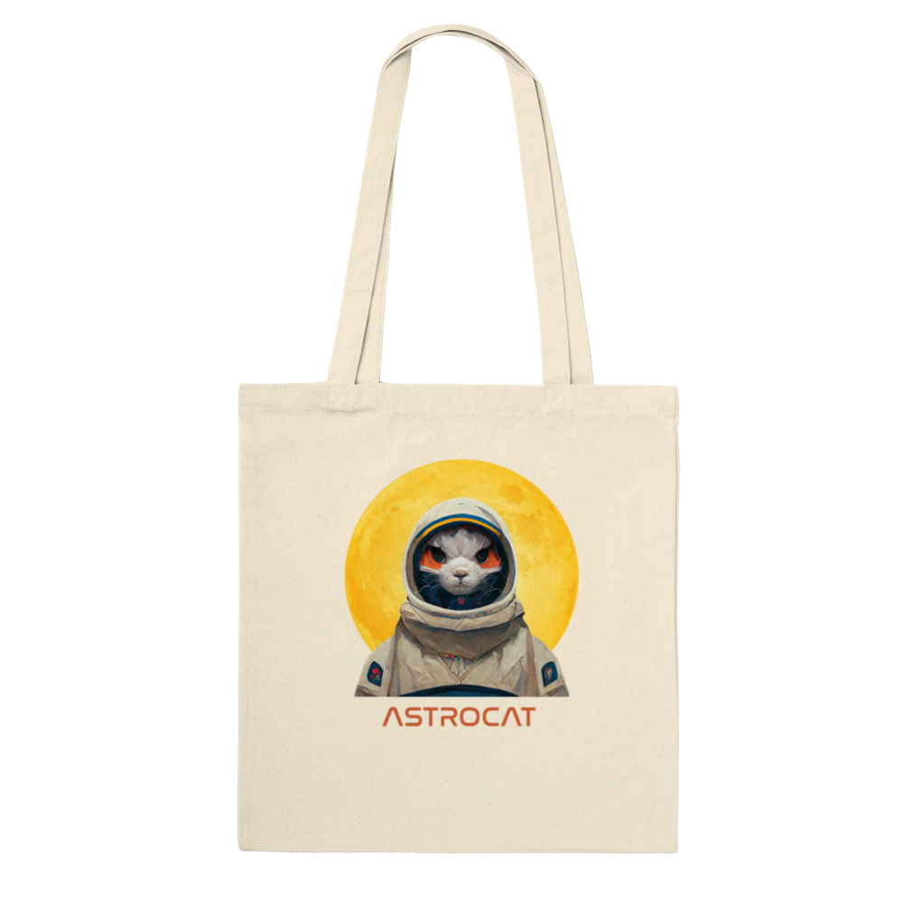 Natural tote bag with an Astrocat cat in a spacesuit in front of the moon print
